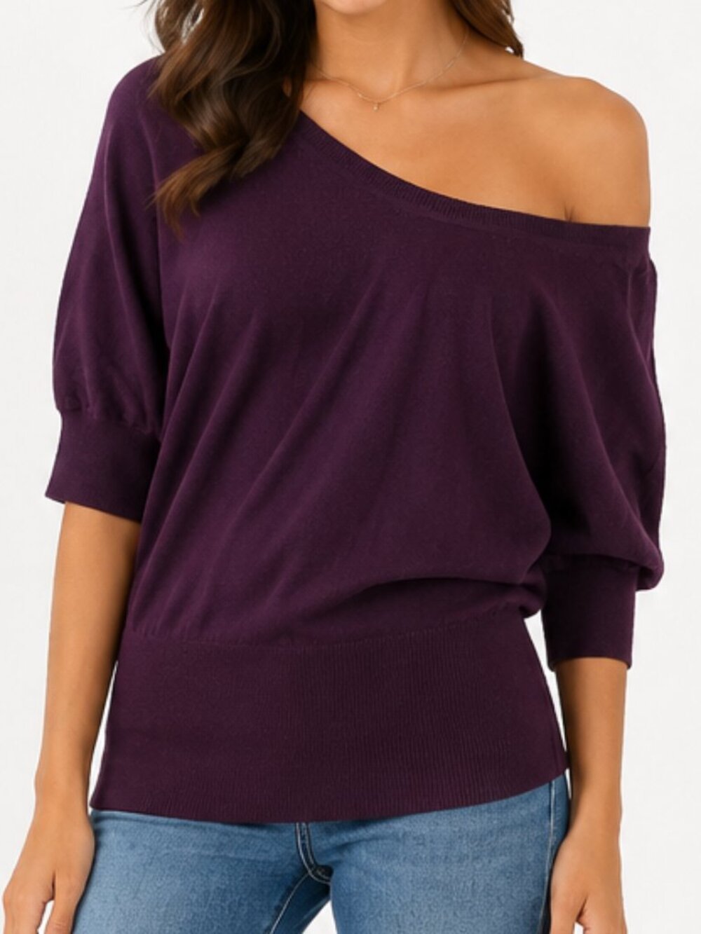 Express Slouchy Top Off Shoulder Purple 100% Cotton Half Sleeve Plunging Vee